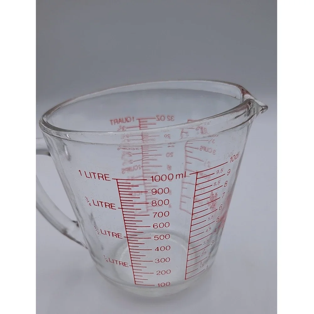 Fire-King Anchor Hocking Glass Measuring Cup 4 Cup 1 Quart Red Lettering Vintage